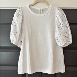 H&M White Crew Neck Tee with Eyelet sleeves -small